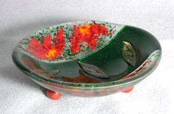 FLOWER FALLS 6" footed bowl with iridized leaves and frit flowers.